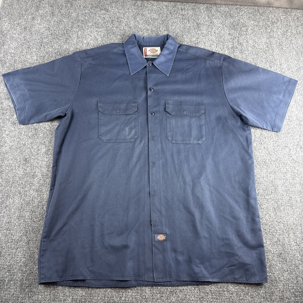 Dickies Men's Short Sleeve Twill Button Up Shirt Blue Size XL